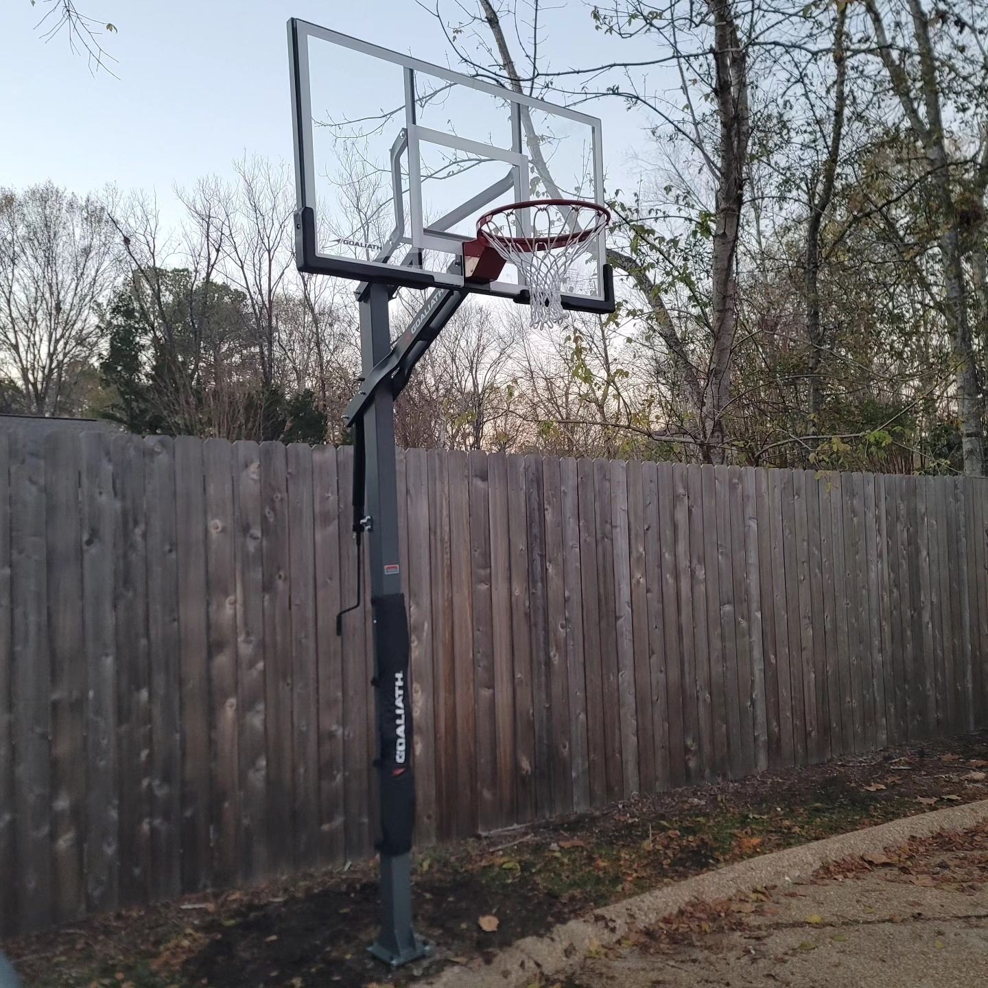 Basketball hoop with a transparent backboard near a wooden fence and trees in a backyard.
